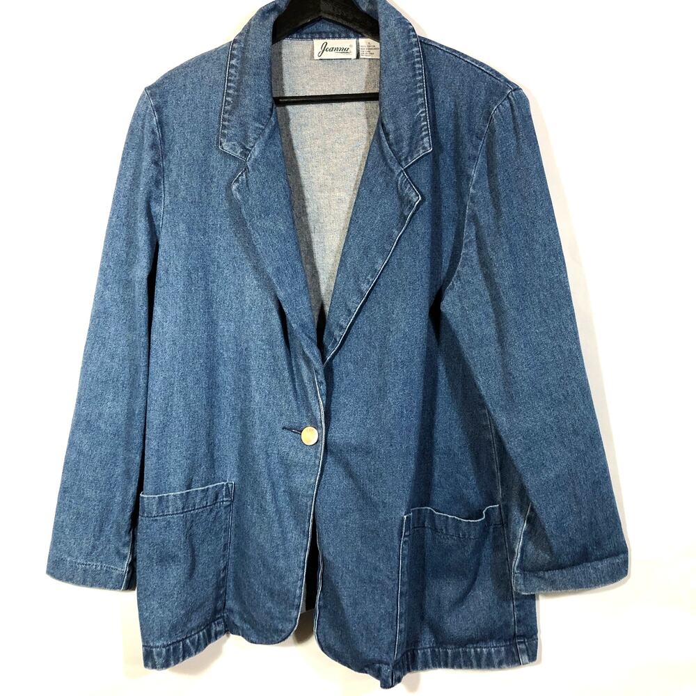 Denim Blazer Vintage Single Button Retro Western Office Blue Large Cotton - Picture 2 of 10